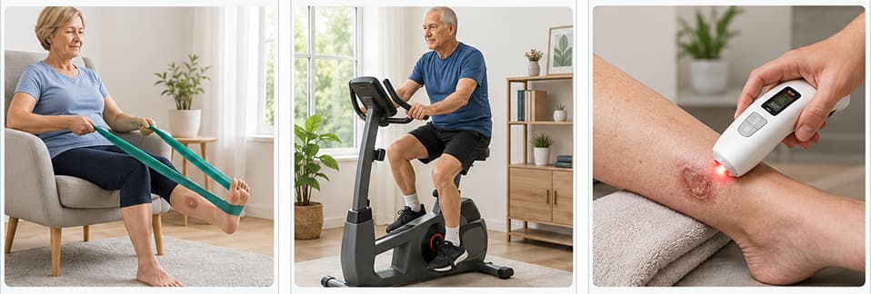 3-tip leg ulcer daily home protocol: resistance band, ergometer, B-Cure softlaser weekly rhythm